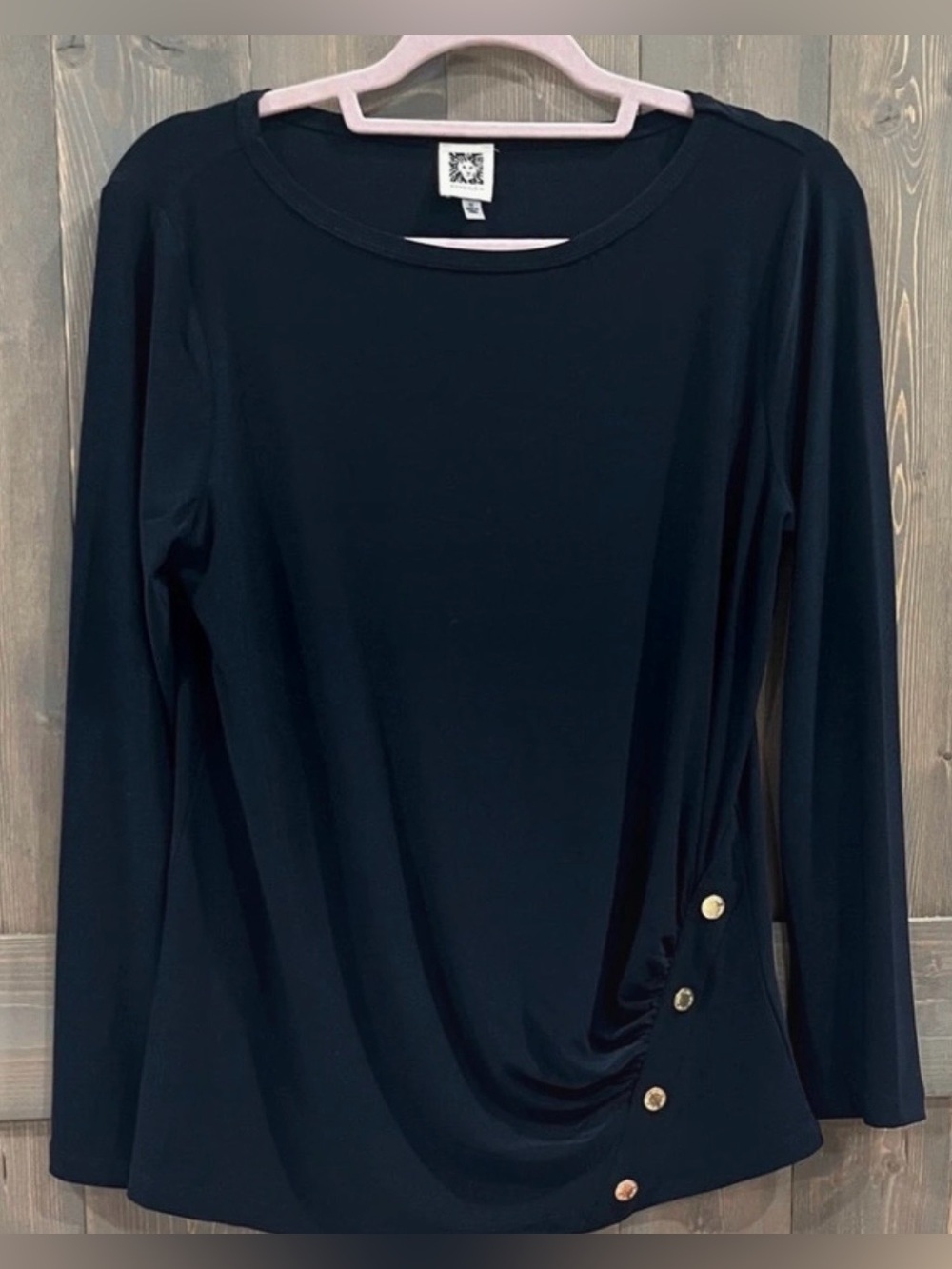 Anne Klein Black Ruched Button Detail Long Sleeve Top Size M